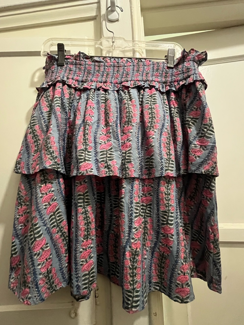 Marera block print pink & blue tiered skirt size large